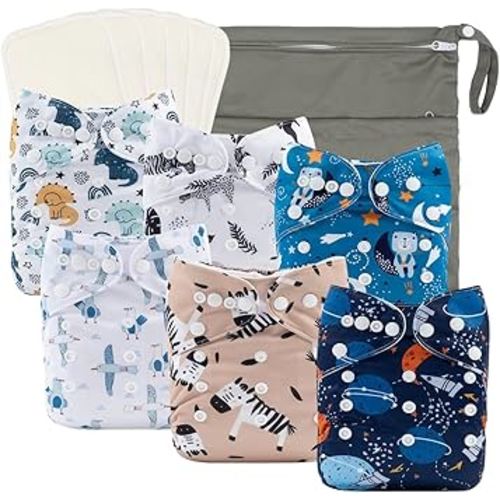 babygoal Reusable Cloth Diapers 6 Pack+6pcs Rayon from Bamboo Inserts+Wet Bag, One Size Adjustable Washable Pocket Nappy Covers for Baby Boys and Girls 6FB36