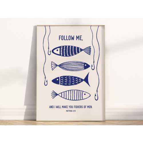 Follow me I will make you fishers of men Minimalist wall art Poster/Canvas, Christian Matthew 4:19 vintage bible illustration artwork print