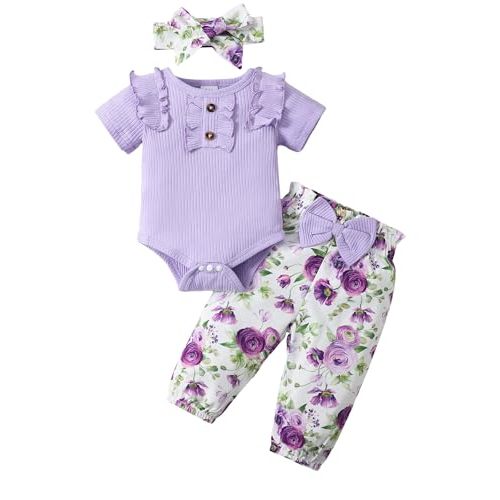 SUNNY PIGGY Baby Girl Clothes Infant Newborn Outfits Ruffle Short Sleeve Romper Tops Floral Pants Set With Headband