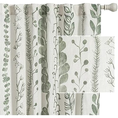 MEETSKY Sage Green Curtains 63 Inches Long Boho Curtains for Living Room Bedroom Semi-Sheer Linen Style Back Tab Drapes Light Filtering Leaf Printed Window Curtain, 50” Wide Each Panel, 2 Panels
