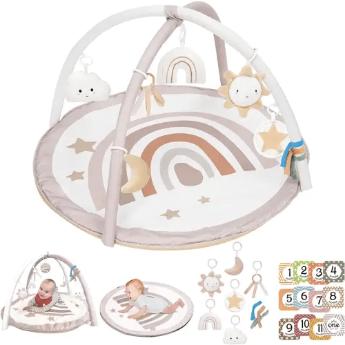 Baby Play Gym Mat, Tummy Time Activity Mat with 7 Detachable Toys and 12 Milestone Cards for Stage-Based Sensory and Motor Skill Development, Washable Play Mats for Infant, Newborn Baby Essentials