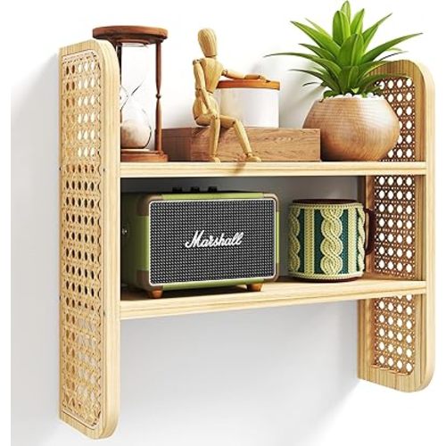 2-Tier Rattan Shelf, Natural Rattan Bookshelf Wall Mounted, Handmade Woven Display Shelf, Decorative Boho Shelves for Entryway, Nursery, Kitchen, Bathroom, Living Room