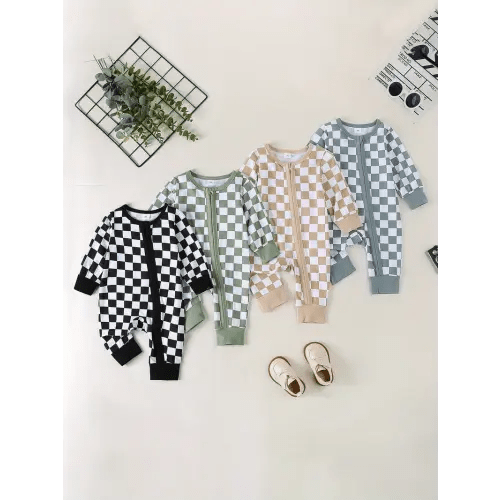 baby checkerboard romper round neck long sleeve - Temu