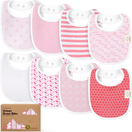 8-Pack Organic Baby Bibs for Boys, Girls - Soft Cotton Drooling and Teething Bibs for Baby Girl & Boy, Extra Absorbent, Easy To Clean & Put On for Toddler, Newborn, Infant 0-24 Months (Blush)