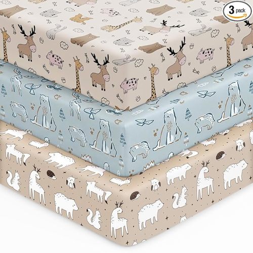 Unnivoll Baby Crib Sheets for Boys Girls, 28x52x8in Fitted Crib Sheet Neutral 3 Pack for Standard Crib and Toddler Mattress, Breathable Soft Microfiber Baby Sheet Blue & Apricot Bear