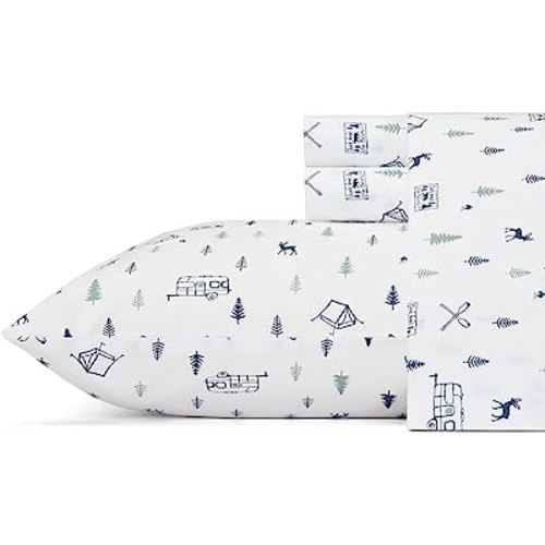 Eddie Bauer - Twin Sheets, Cotton Percale Bedding Set, Crisp & Cool Home Decor (Campout Dark Blue,3 pieces, Twin)