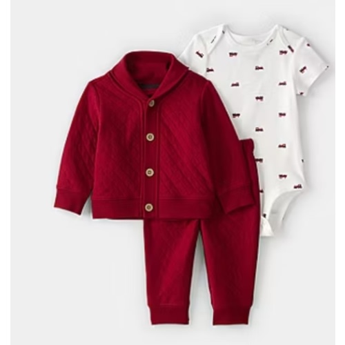 Carter's Baby 3-Piece Quilted Cardigan, Bodysuit and Pants Set - Red, White