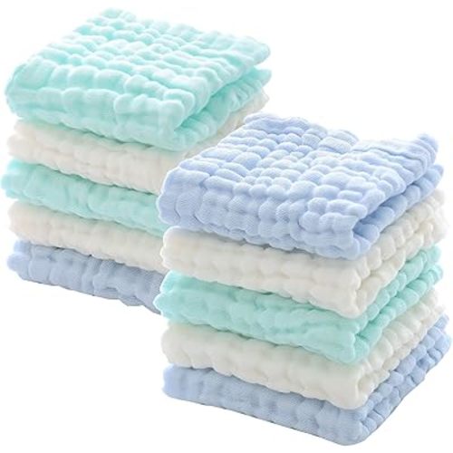 MUKIN Muslin Washcloths - Soft Face Cloths for Newborn, Absorbent Bath Face Towels, Wipes, Burp Cloths, Baby Registry as Shower. Pack of 10 (Green,Blue,White)