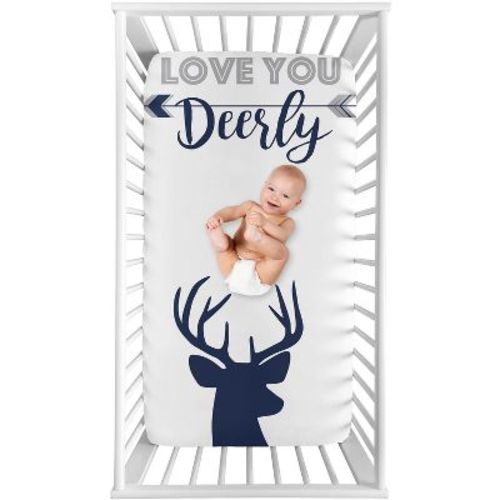 Sweet Jojo Designs Boy Photo Op Fitted Crib Sheet Woodland Deer Blue And White
