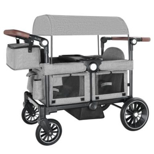 Kinder King Folding Wagon Stroller for 2 Kids, Adjustable Handle, All-Terrain Shock-Absorbing Wheel, Detachable Tray, Diaper Bag, Grey