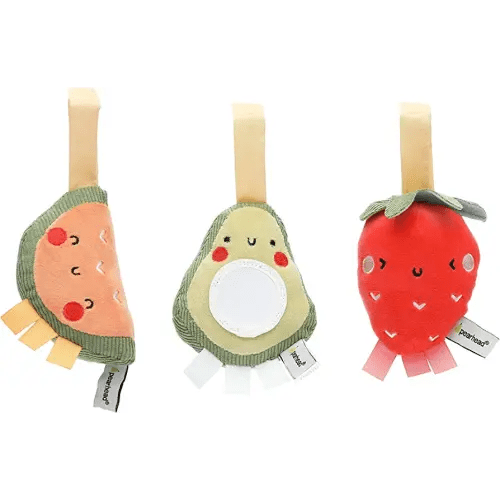 Pearhead Fruit Stroller Toys, Plush Interactive Toy Set for Baby Car Seat with Hanging Mirror, Gender-Neutral Travel Accessories, Strawberry Avocado Watermelon, Set of 3