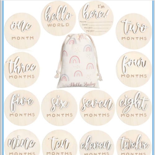 3D Baby Monthly Milestone Card Signs Baby Announcement Sign 7 Pack Double Sided Hello World Newborn Signs Wooden Circles Discs for Welcome Newborn Shower Boy Girl Photo Props(White)