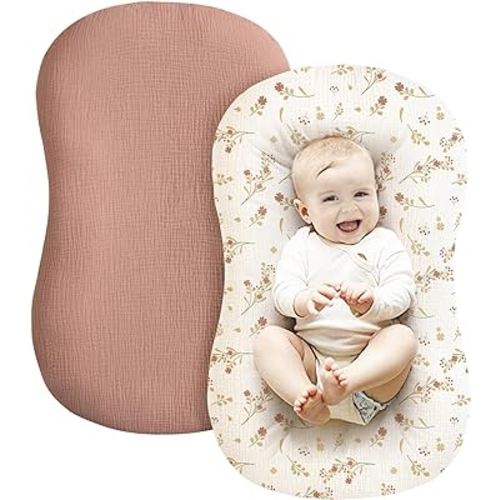 Konssy Muslin Baby Lounger Cover 2 Pack, 100% Cotton Newborn Lounger Cover, Soft and Breathable Lounger Slipcover for Boys Girls, Covers Only (Chestnut,Floral)