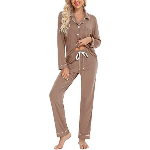 Anjue Pajamas for Women Soft Button Up Pajama Set Long Sleeve Shirt and Pajama Pants Lounge Sets S-XXL