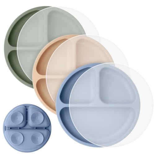 Cutebe 3 Pack Toddler Plates with Lids Baby Plates with Soft Material Silicone Suction Plates for Baby with Divided Design & Raised Edges Suction Plates for Feeding