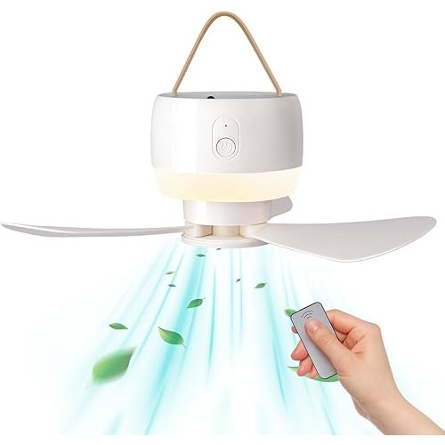Tent Ceiling Fans for Camping, Portable Camping Fan with LED Lantern, Battery Operated Ceiling Fan, Tent Rechargeable Fan with Remote Control, Detachable Fan Blades (3600)