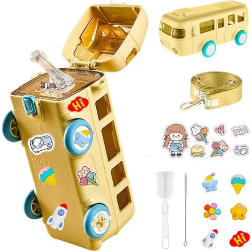 Bus Water Bottle for Kids-16oz Detachable Bus Straw Water Cup with Shoulder Strap Leak-Proof Kids Drink Cup Cartoon Water Jug Toy with Wheels Toddler Water Bottle (Yellow with Gift) - Yellow With Gift
