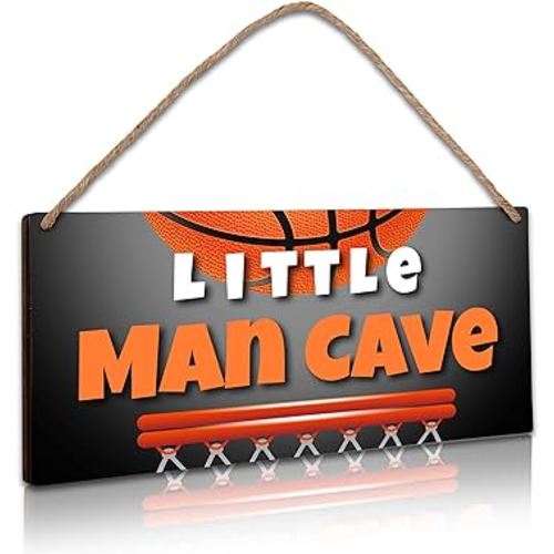 Little Man Cave, 6 * 12 Basketball Wooden Door Sign for Nursery Decor, All-Star Sports Hanging Wall Art Decor for Kids Toddler Boys Bedroom Playroom Living Room Decorations - A05