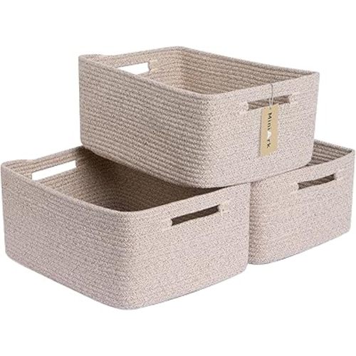 Large Storage Baskets for Shelves, Closet Organizers and Storage Bins for Clothes Blanket Towels, Baby Nursery, Toy Baskets Box, Woven Rope Baskets, 17 x 13 x 7.5”, 3 Packs Mixed Brown