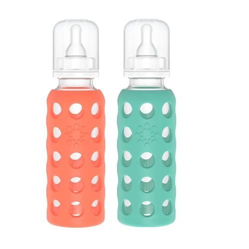 Lifefactory Glass Baby Bottle BPA Free | Protective Silicone Sleeve | 9 oz Pack of 2 | Papaya, Kale