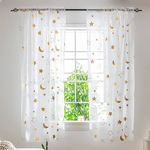 Star White Sheer Curtains 63 Inch Length for Kids Room - Cute Gold Star Moon Curtains for Nursery Girls Bedroom Rod Pocket Light Filtering Foil Print Sheer Drapes for Baby Boys Playroom, Set 2 Panels