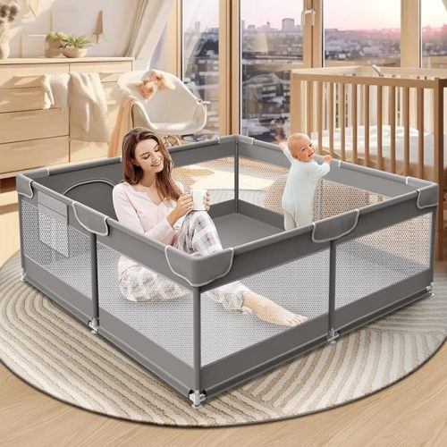 Baby Playpen 50 x 50 Inch Play Pen Playards, Playpen for Babies and Toddlers, Baby Playard for Indoor & Outdoor Active Center Game Fence, with Skin-Friendly Fabric and Soft Breathable Mesh Grey - 50 × 50 Inch