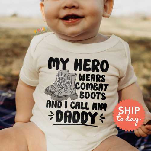 My Hero Wears Combat Boots And I Call Him Daddy Onesie® Brand , Military Baby Bodysuit , 1st Father's Day , Patriotic Onesie® , (BC-DAD19)
