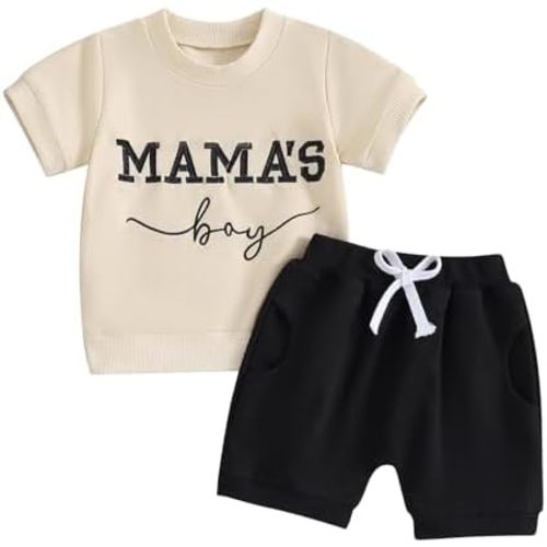 Toddler Boys Summer Outfits Mamas Boy Checkerboard Short Sleeve T-Shirts Tops and Elastic Waist Shorts Clothes Sets