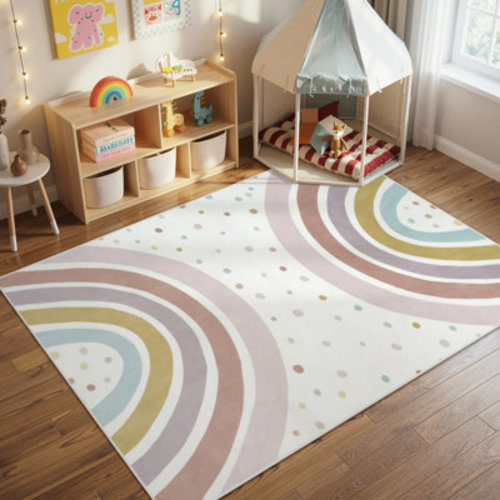 Isabelle & Max™ Machine Washable Boho Earth Rainbow Kids Rugs - Non-Slip Low Pile Nursery & Bedroom Indoor Pink/Gray Rug, Colorful Playroom Decor & Reviews | Wayfair