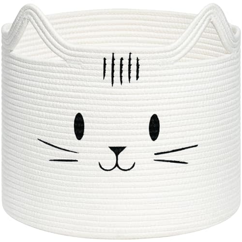 INDRESSME Toy Storage Basket, Cute Rope Basket for Cats Dogs Pets, Gift Baskets Empty for Catlovers Baby Shower, Blanket Baskets Living Room, Cat Room Decor, 13.8"D x 11.8"H, White
