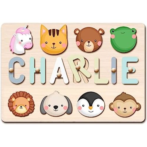 Personalized Name Puzzle for Kids Engraved Text Greetings on Back Custom Wooden Name Signs with Pegs for Baby Boy & Girl 1 Year Old Nursery Gifts Montessori Toys Toddler Puzzles for Newborn