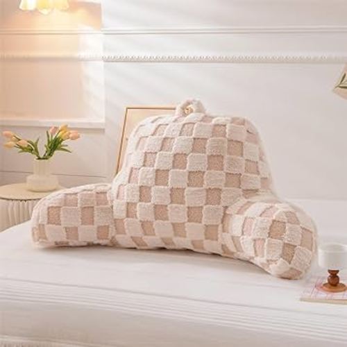 Aimuan Reading Pillow Checkered Bed Rest Wedge Backrest Checkerboard Pillow with Arms Back Support for Sitting Up in Bed Cushion Incline Rest Sleeping Snoring Pillow (Beige,Large)