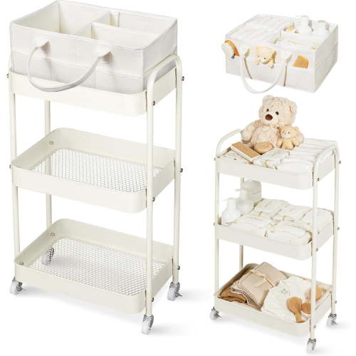 Baby Diaper Caddy, 3 Tier Rolling Storage Cart for Baby Essentials, Diaper Cart with Detachable Dividers, Storage Organizer & Baby Bottle Organizer for Bedroom, Living Room (Beige)