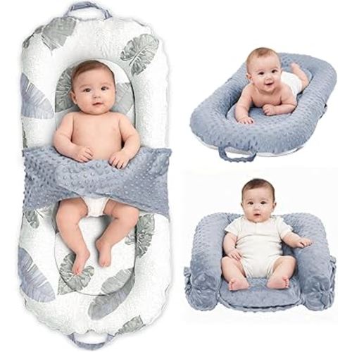 Baby Lounger, 3-in-1 Portable Infant Lounger for Newborns 0-24 Months, Foldable Tummy Time Pillow and Sitting Seat with Removable Cover, Dual-Sided 100% Cotton and Velvet, Ideal Baby Shower Gift