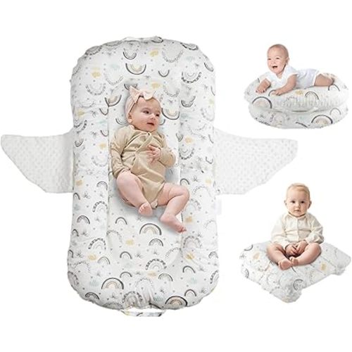 3 in 1 Baby Lounger, Baby Antireflux Lounger Pillow Portable Baby Nest,Breathable Foldable Storage and Machine-Washable for Newborn 0-24Months Infant Babies for Home and Travel (Rainbow)
