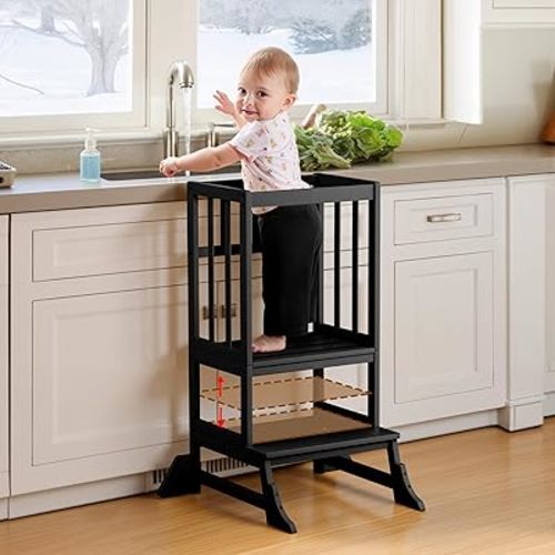 COSYLAND Height Adjustable Toddler Standing Tower - Kids Step Stool Helper for Kitchen Counter, Bathroom Sink and Daily Routines - Toddler Kitchen Tower with Stabilizing Base (Black)