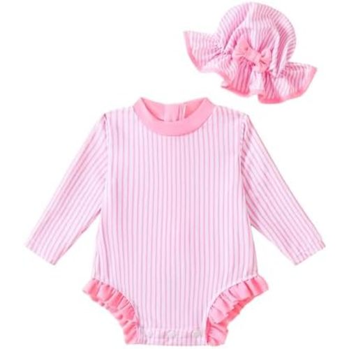 Baby Girl Swimsuit UPF 50+ Sun Protection Long Sleeve Rash Guard Swimwear Zipper One Piece Infant Bathing Suit with Hat