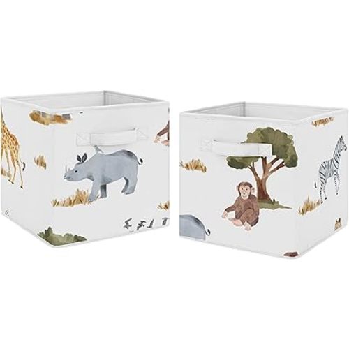 Sweet Jojo Designs Jungle Animals Foldable Fabric Storage Cube Bins Boxes Organizer Toys Kids Baby Set of 2 Dark Hunter Green Yellow Grey Black White Wildlife Safari Elephant Giraffe Monkey Leopard