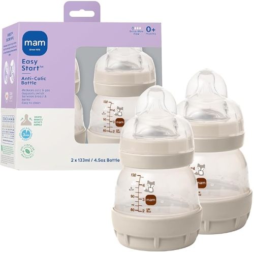 MAM Easy Start Anti-Colic Baby Bottles, Extra Slow Flow, Breastfeeding-Like Silicone Nipple Bottle, Reduces Colic, Gas, & Reflux, Easy-to-Clean, BPA-Free, Vented Baby Bottles for Newborns, 0-3 Months
