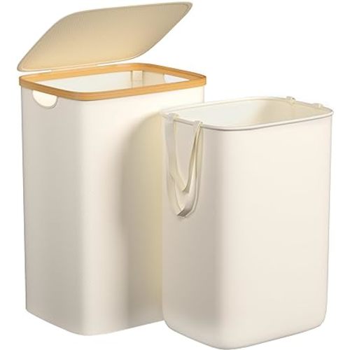 Large Laundry Hamper, 75L Waterproof Laundry Basket with Lid and Removable Bag, Collapsible Tall Clothes Hamper with Bamboo Handles for Clothes Toys in Dorm Bedroom Bathroom, Beige