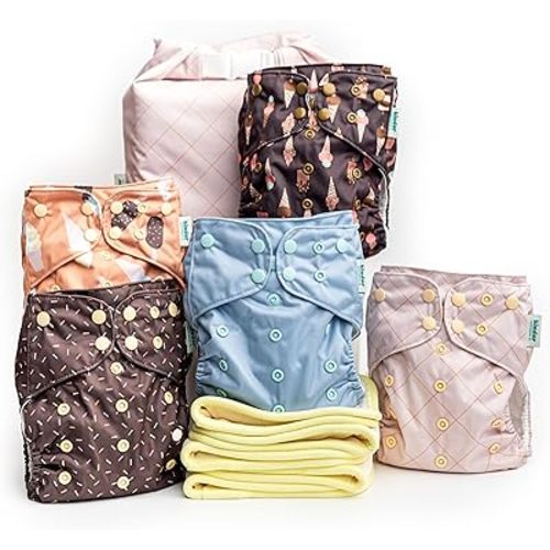 Ice Cream Treat Kinder Cloth Diapers Set of 5 Reusable Baby Diapers Pocket Style Athletic Wicking Jersey, Bamboo Viscose Inserts, Wet Bag, Newborn to Potty Training 7-60lbs, Neutral Simple