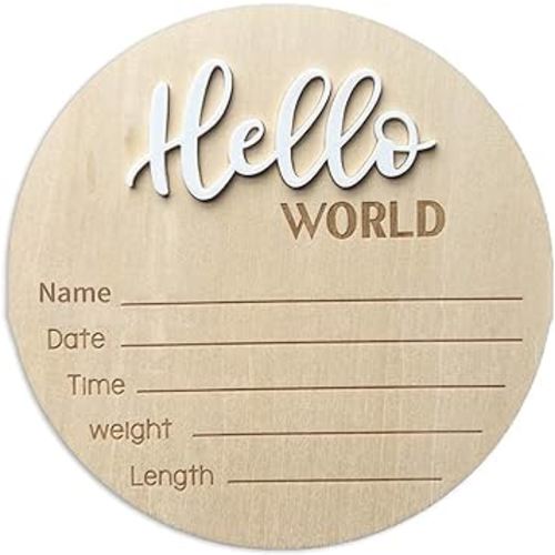 Baby Announcement Sign, 5.9 Inch Wooden Hello World Newborn Sign Birth Announcement Signs, Hello World Nursery Decor Sign & Photo Prop for Baby, Newborn Boys and Girls Gift(White)