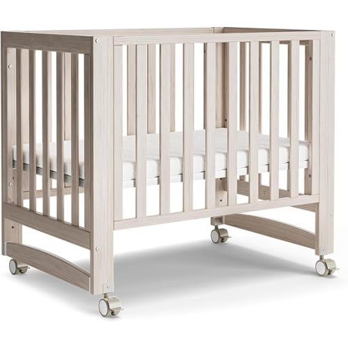 EvoNest Baby Crib, 6 in 1 Convertible Mini Crib with Wheels, 100% New Zealand Pinewood Growing Bed, 4 Adjustable Mattress Heights
