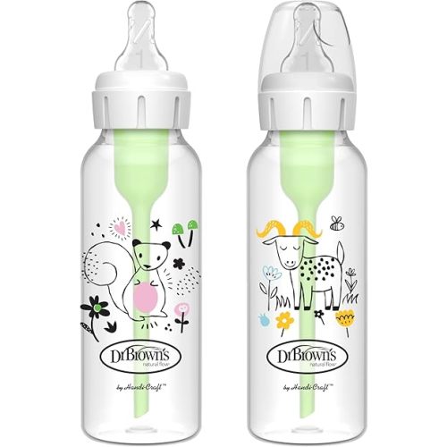 Dr. Brown's Natural Flow Anti-Colic Options+ Narrow Baby Bottle, Squirrel & Goat, 8 oz/250 mL, with Level 1 Slow Flow Nipple, BPA Free, 0m+, 2-Pack