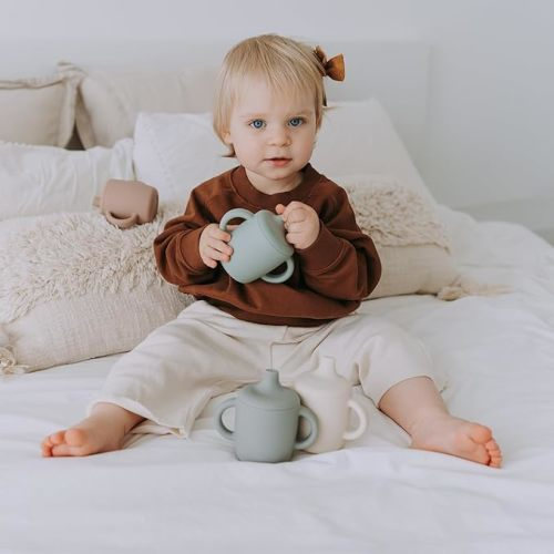 Silicone Sippy Cup and Training Cup for Baby 6 months+ Soft Spout and Handles Unbreakable Easy Grip for Babies 6-12 months and Toddlers 1-3 years 5oz/150ml (2-pack Sandy Shore and Green)