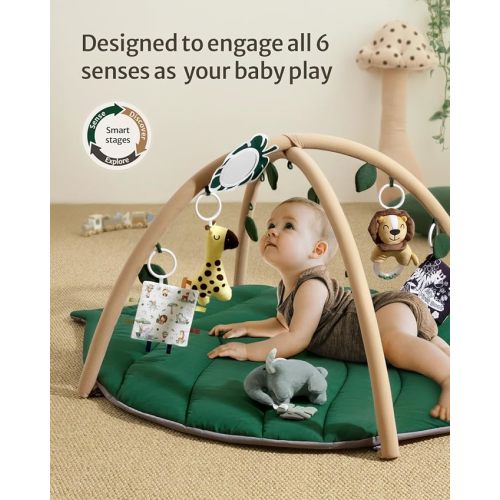 Blissful Diary Baby Play Gym & Activity Mat, Leaf Shaped Baby Play Mat with 6 Detachable Toys, Tummy Time Mat Promote Motor Skills & Sensory Development, Newborn Baby Essentials Gift, Jungle Green
