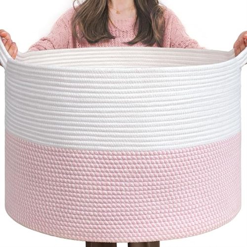 INDRESSME XXXLarge Storage Basket with Handle, Pink Laundry Basket for Nursery, Stuffed Animal, Baby Basket Kids Toy Storage Organizer, 21.7" x 21.7" x 13.8", Pink