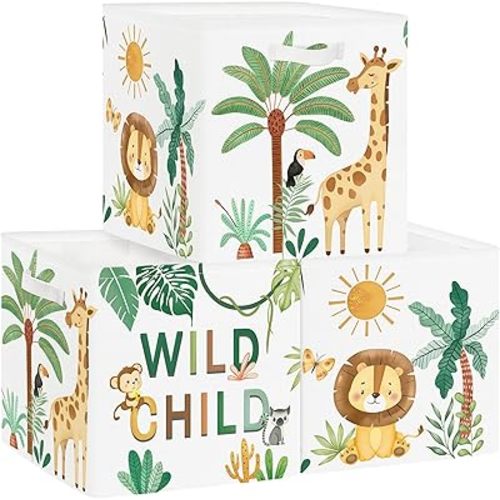 11.8" Boho Woodland Animal Storage Cube Organizer Lion Giraffe Palms Clothes Storage Basket Bin for Closet Shelf Tropical Leaves Nursery Kid Room Book Toy Chest, 3Pcs