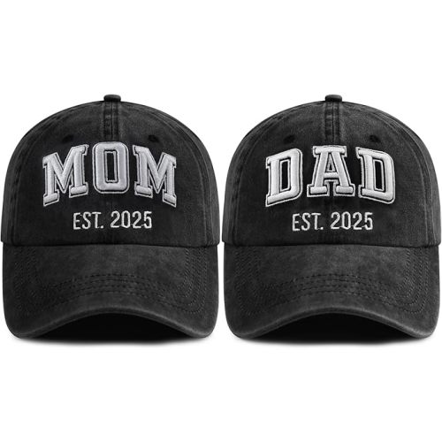 SHANVANKE 2PCS Dad and Mom EST 2025 Hats for Men Women, Funny Adjustable Cotton 3D Embroidered New Parents Gifts Baseball Cap