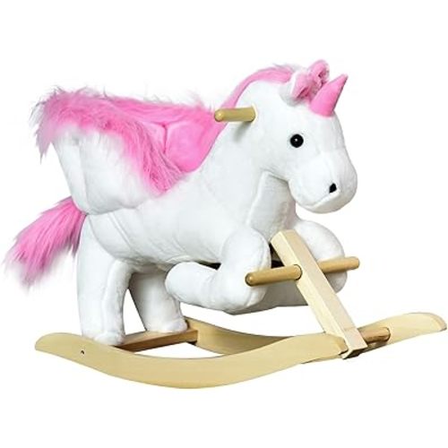 Qaba Unicorn Baby Rocking Horse Toy for Kids with Lullaby Song, Plush Ride on Horse with Heavy-Duty Support System, Pretend Play Interactive Toy for Toddlers 18-36 Months